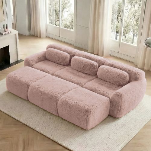 Canapé Modulable 3 Places En Peluche Avec 3 Ottomans, Confortable, Design Cosy, Rose