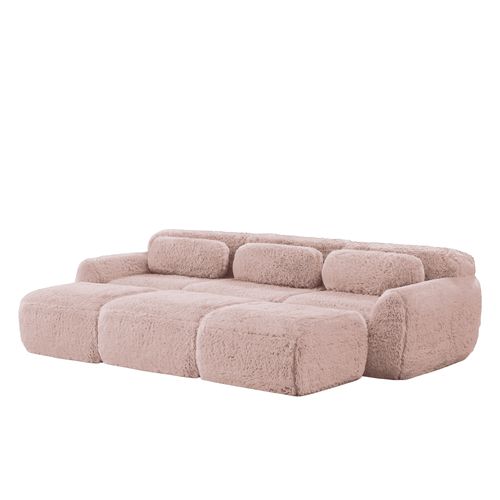 Canapé Modulable 3 Places En Peluche Avec 3 Ottomans, Confortable, Design Cosy, Rose