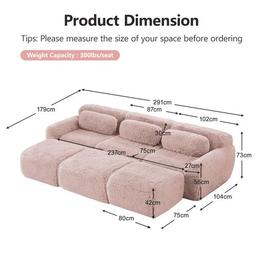 Canapé Modulable 3 Places En Peluche Avec 3 Ottomans, Confortable, Design Cosy, Rose