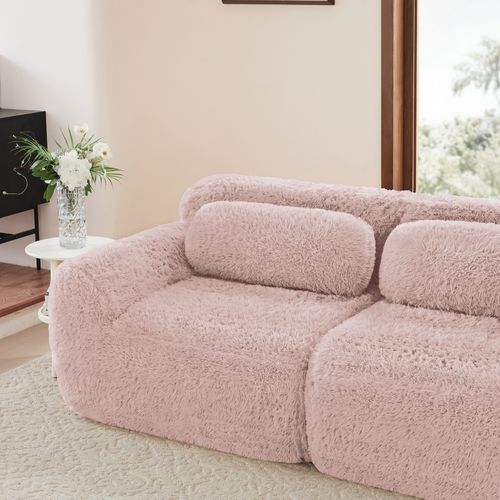 Canapé Modulable 3 Places En Peluche Avec 3 Ottomans, Confortable, Design Cosy, Rose