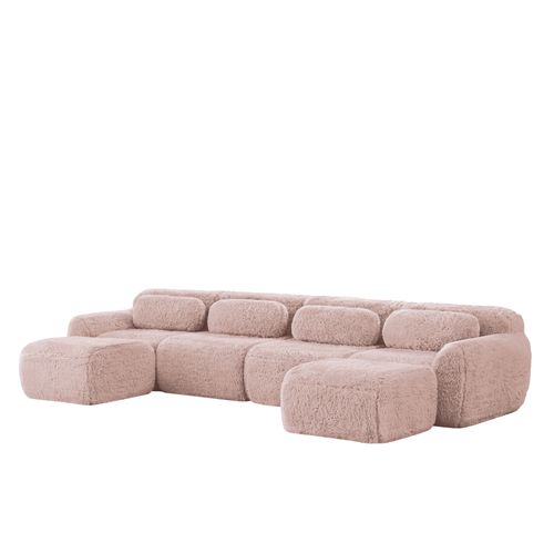 Canapé Modulable 4 Places U-forme En Peluche, Modules Flexibles, Sans Montage, Chaise Longue, Rose