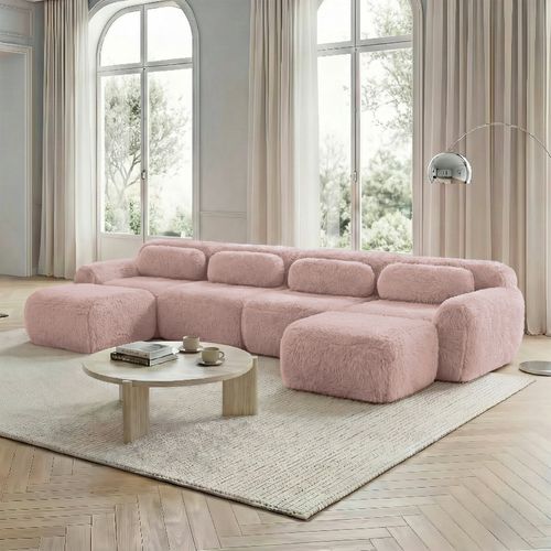 Canapé Modulable 4 Places U-forme En Peluche, Modules Flexibles, Sans Montage, Chaise Longue, Rose