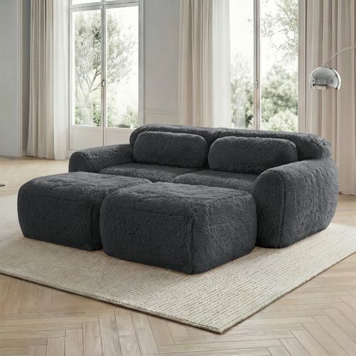 Canapé Modulable 2 Places En Peluche Avec 2 Ottomans, Modulable, Confortable Et Cosy, Gris