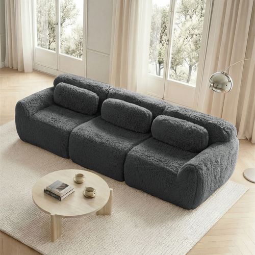 Canapé Modulable 3 Places En Peluche, Ergonomique Et Sans Montage, Confortable, Gris