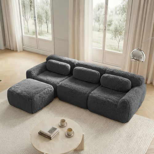 Canapé Modulable D’angle En Peluche, Ergonomique Et Sans Montage, 3 Places, Confortable, Gris