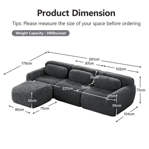 Canapé Modulable D’angle En Peluche, Ergonomique Et Sans Montage, 3 Places, Confortable, Gris