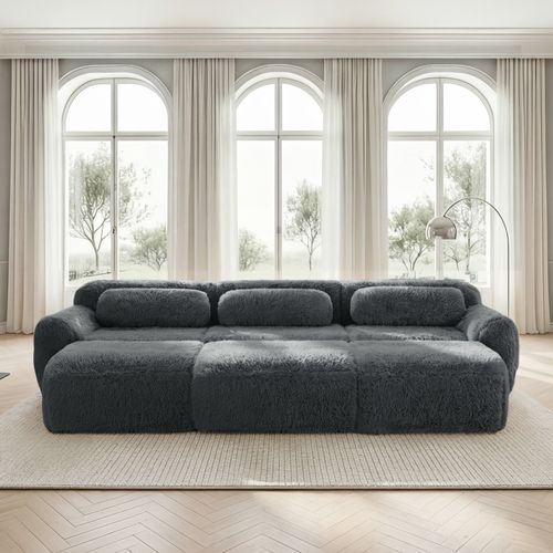 Canapé Modulable 3 Places En Peluche Avec 3 Ottomans, Confortable, Design Cosy, Gris