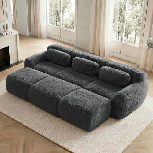 Canapé Modulable 3 Places En Peluche Avec 3 Ottomans, Confortable, Design Cosy, Gris