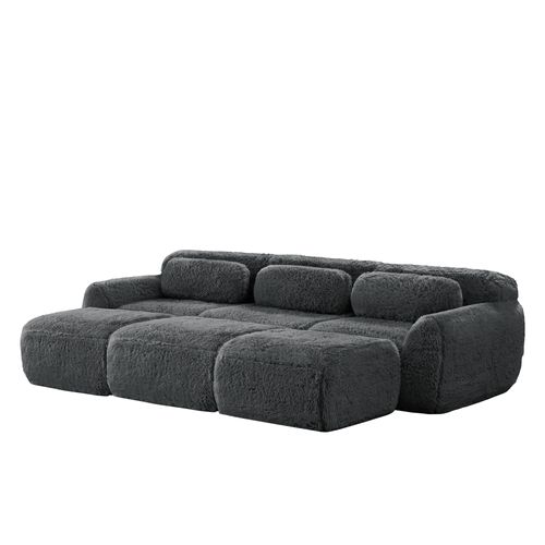 Canapé Modulable 3 Places En Peluche Avec 3 Ottomans, Confortable, Design Cosy, Gris