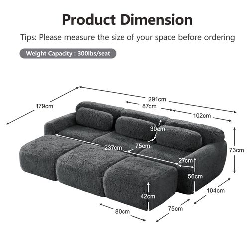 Canapé Modulable 3 Places En Peluche Avec 3 Ottomans, Confortable, Design Cosy, Gris