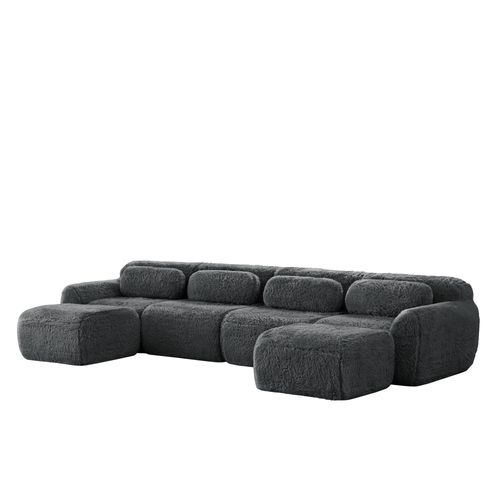 Canapé Modulable 4 Places U-forme En Peluche, Modules Flexibles, Sans Montage, Chaise Longue, Gris