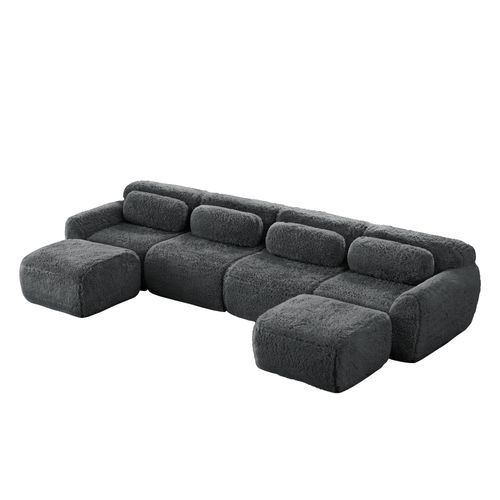 Canapé Modulable 4 Places U-forme En Peluche, Modules Flexibles, Sans Montage, Chaise Longue, Gris