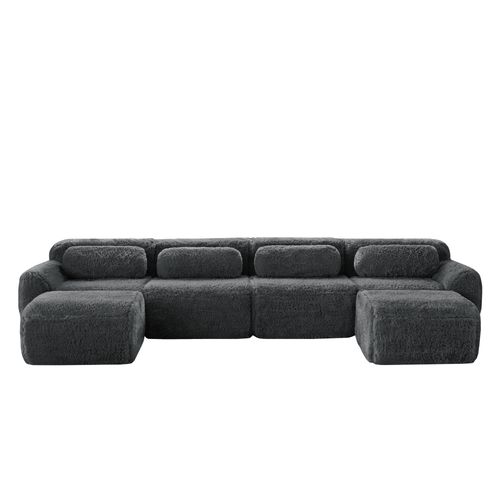 Canapé Modulable 4 Places U-forme En Peluche, Modules Flexibles, Sans Montage, Chaise Longue, Gris