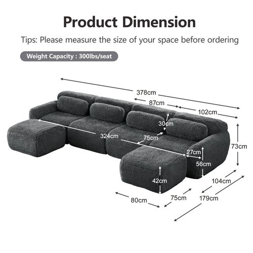 Canapé Modulable 4 Places U-forme En Peluche, Modules Flexibles, Sans Montage, Chaise Longue, Gris