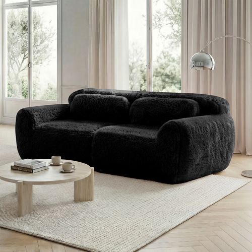 Canapé Modulable 2 Places En Tissu Peluche, Doux Et Confortable, Rassemblable Avec Ottoman, Noir