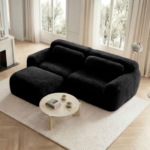 Canapé Modulable En L 2 Places En Tissu Peluche, Sans Accoudoirs, Doux Et Confortable, Noir