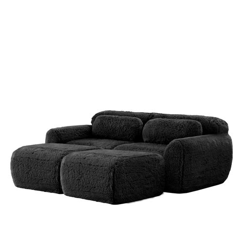 Canapé Modulable 2 Places En Peluche Avec 2 Ottomans, Modulable, Confortable Et Cosy, Noir