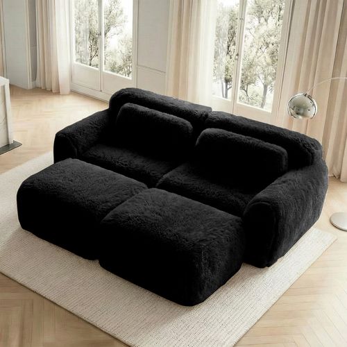 Canapé Modulable 2 Places En Peluche Avec 2 Ottomans, Modulable, Confortable Et Cosy, Noir