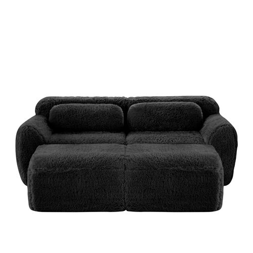 Canapé Modulable 2 Places En Peluche Avec 2 Ottomans, Modulable, Confortable Et Cosy, Noir