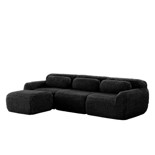 Canapé Modulable D’angle En Peluche, Ergonomique Et Sans Montage, 3 Places, Confortable, Noir