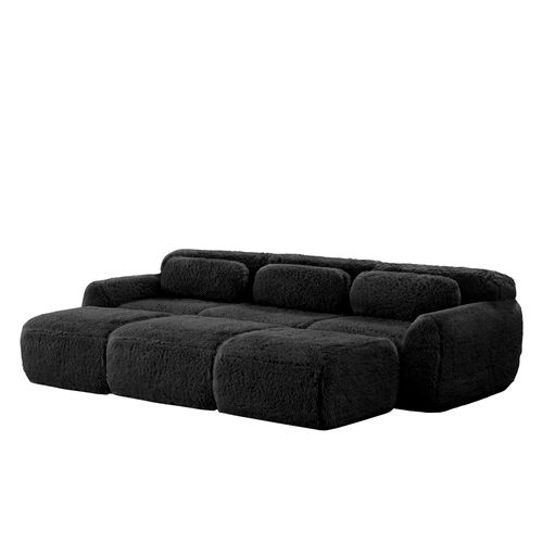 Canapé Modulable 3 Places En Peluche Avec 3 Ottomans, Confortable, Design Cosy, Noir