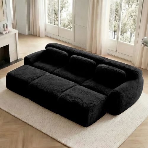 Canapé Modulable 3 Places En Peluche Avec 3 Ottomans, Confortable, Design Cosy, Noir