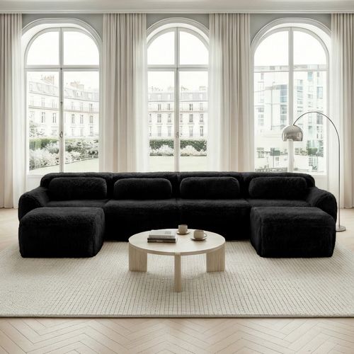 Canapé Modulable 4 Places U-forme En Peluche, Modules Flexibles, Sans Montage, Chaise Longue, Noir