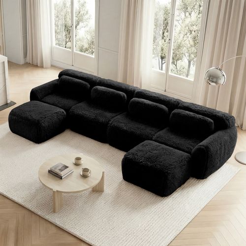 Canapé Modulable 4 Places U-forme En Peluche, Modules Flexibles, Sans Montage, Chaise Longue, Noir