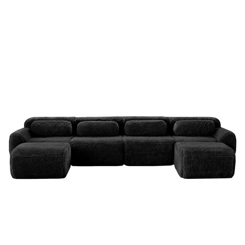 Canapé Modulable 4 Places U-forme En Peluche, Modules Flexibles, Sans Montage, Chaise Longue, Noir