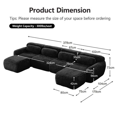 Canapé Modulable 4 Places U-forme En Peluche, Modules Flexibles, Sans Montage, Chaise Longue, Noir