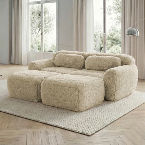 Canapé Modulable 2 Places En Peluche Avec 2 Ottomans, Modulable, Confortable Et Cosy, Kaki