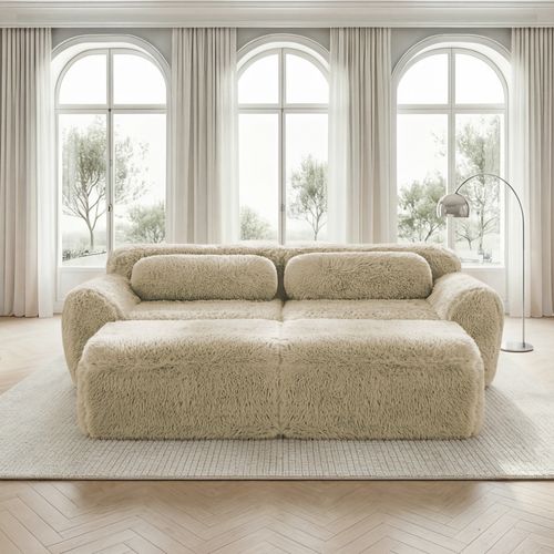 Canapé Modulable 2 Places En Peluche Avec 2 Ottomans, Modulable, Confortable Et Cosy, Kaki