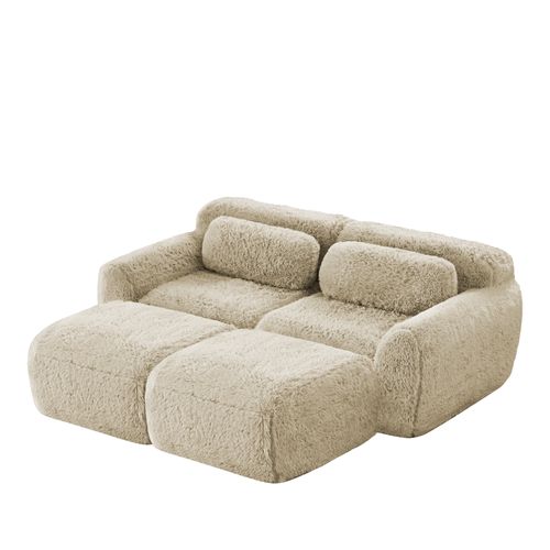 Canapé Modulable 2 Places En Peluche Avec 2 Ottomans, Modulable, Confortable Et Cosy, Kaki