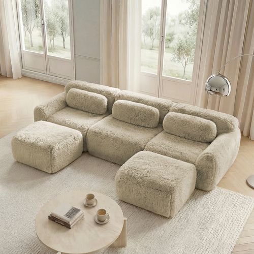 Canapé Modulable En U En Peluche, Ergonomique Et Sans Montage, 3 Places, Confortable, Kaki