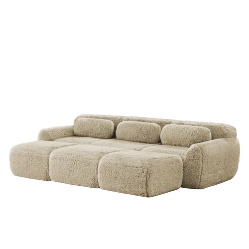 Canapé Modulable 3 Places En Peluche Avec 3 Ottomans, Confortable, Design Cosy, Kaki