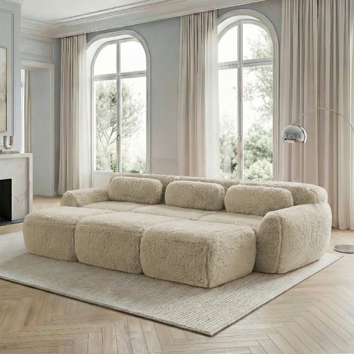 Canapé Modulable 3 Places En Peluche Avec 3 Ottomans, Confortable, Design Cosy, Kaki
