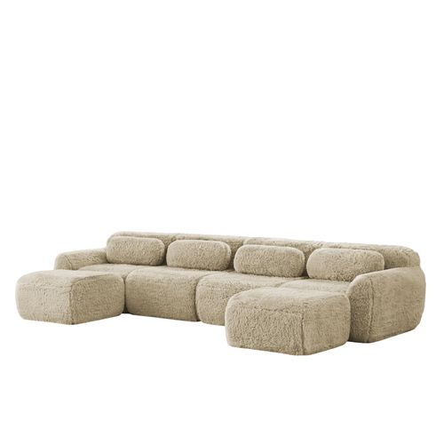 Canapé Modulable 4 Places U-forme En Peluche, Modules Flexibles, Sans Montage, Chaise Longue, Kaki