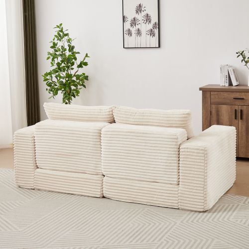 Canapé Modulable 2-en-1 En Velours Côtelé Avec Repose-pieds Amovible Et Deux Coussins, Beige