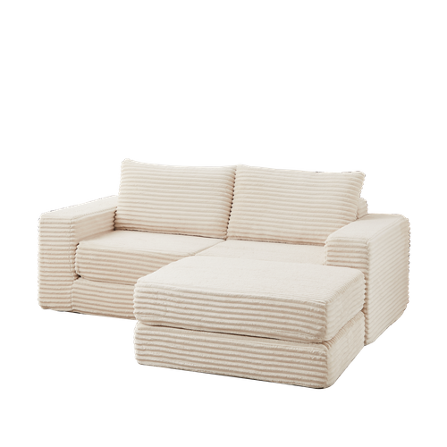 Canapé Modulable 2-en-1 En Velours Côtelé Avec Repose-pieds Amovible Et Deux Coussins, Beige