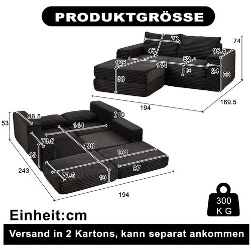 Canapé Modulable 2-en-1 En Velours Côtelé Avec Repose-pieds Amovible Et Deux Coussins, Noir