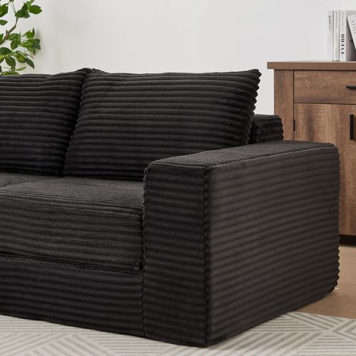 Canapé Modulable 2-en-1 En Velours Côtelé Avec Repose-pieds Amovible Et Deux Coussins, Noir
