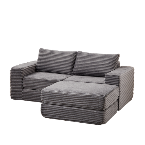 Canapé Modulable 2-en-1 En Velours Côtelé Avec Repose-pieds Amovible Et Deux Coussins, Gris