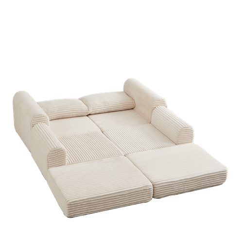 Canapé-lit Modulable 2-en-1 En Velours Côtelé Beige Avec Repose-pieds Amovible Et Accoudoirs Courbés