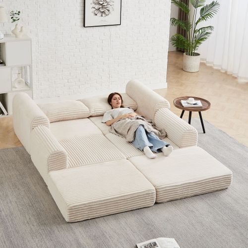 Canapé-lit Modulable 2-en-1 En Velours Côtelé Beige Avec Repose-pieds Amovible Et Accoudoirs Courbés