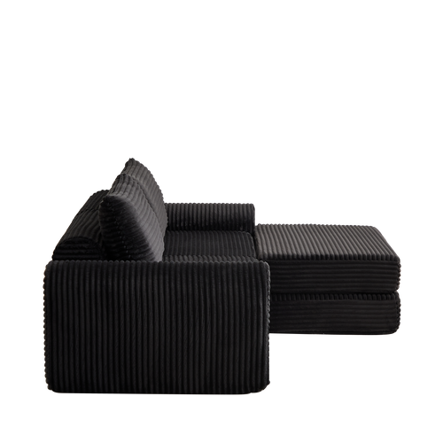 Canapé-lit Modulable 2-en-1 En Velours Côtelé Noir Avec Repose-pieds Amovible Et Accoudoirs Courbés