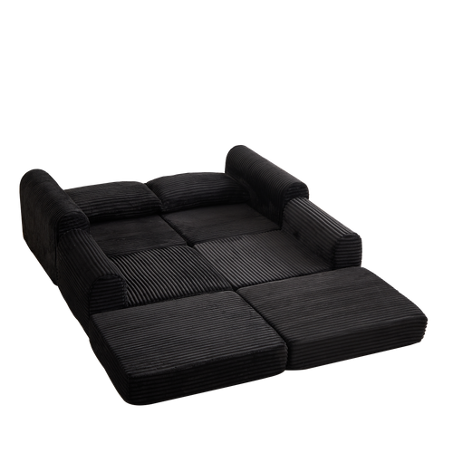 Canapé-lit Modulable 2-en-1 En Velours Côtelé Noir Avec Repose-pieds Amovible Et Accoudoirs Courbés