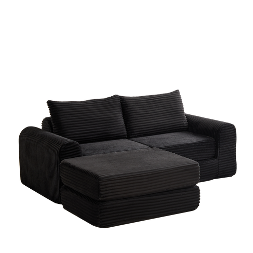 Canapé-lit Modulable 2-en-1 En Velours Côtelé Noir Avec Repose-pieds Amovible Et Accoudoirs Courbés