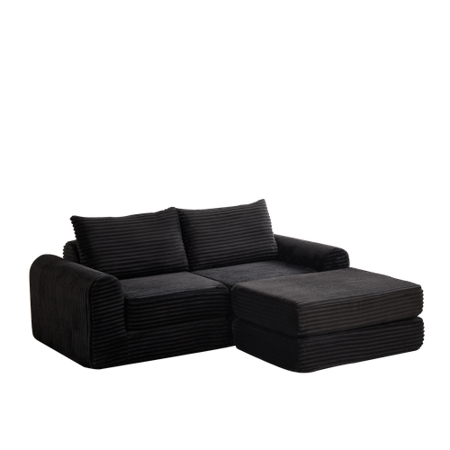 Canapé-lit Modulable 2-en-1 En Velours Côtelé Noir Avec Repose-pieds Amovible Et Accoudoirs Courbés