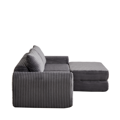 Canapé-lit Modulable 2-en-1 En Velours Côtelé Gris Avec Repose-pieds Amovible Et Accoudoirs Courbés