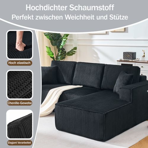 Canapé D’angle L Compressé En Velours Côtelé Noir